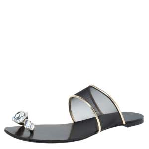 Pre Owned Casadei Mesh And Leather Trim Embellished Toe Ring Flats Size 37