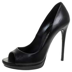Pre Owned Casadei Black Leather Peep Toe Pumps Size 38.5