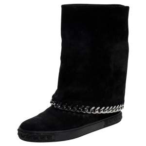 Pre Owned Casadei Black Suede Chain Wedge Boots Size 38
