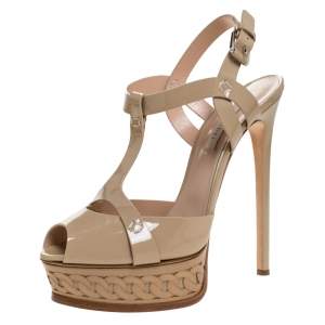 Casadei Beige Patent Leather T-Strap Platform Sandals Size 39.5