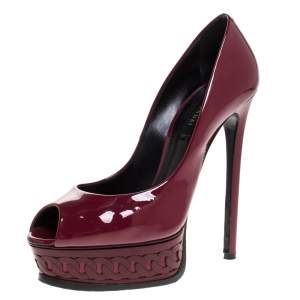 Pre Owned Casadei Burgundy Patent Leather Peep Toe Chain Motif Platform Pumps Size 37.5