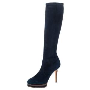Pre Owned Casadei Blue Suede Knee High Platform Slip On Boots Size 38.5