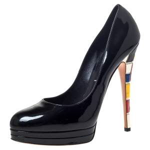 Casadei Black Patent Leather And Multicolor Heel Platform Pumps Size 38.5