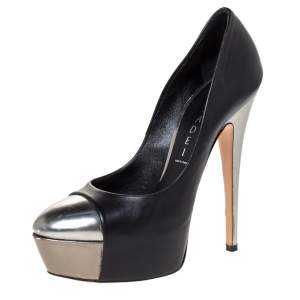 Pre Owned Casadei Black/Grey Leather Cap Toe Platform Pumps Size 36