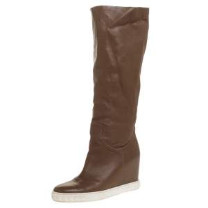 Pre Owned Casadei Brown Leather Chain Motif Knee Boots Size 39