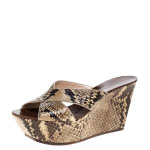 Pre Owned Casadei Brown Python Criss Cross Wedge Platform Sandals Size 39