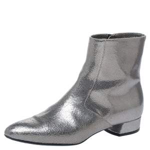 Pre Owned Casadei Metallic Grey Textured Leather Ankle Boots Size 35