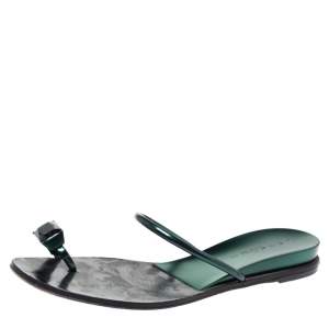 Pre Owned Casadei Metallic Green Patent Crystal Toe Ring Sandals Size 39