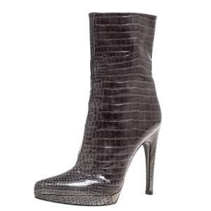 Pre Owned Casadei Green Croc Embossed Patent Leather Platform Mid Calf Booties Size 36