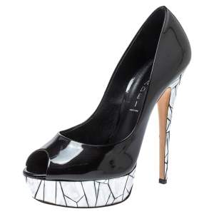 Pre Owned Casadei Black Patent Leather Mosaic Mirror Heel Peep Toe Platform Pumps Size 40