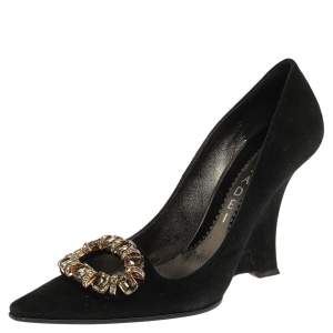 Pre Owned Casadei Black Suede Crystal Embellished Pointed Toe Wedge Pumps Size 36