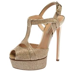 Pre Owned Casadei Metallic Golden Gliiter Fabric Taglia T-Strap Peep Toe Platform Sandals Size 36