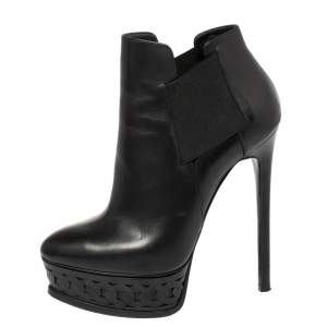 Pre Owned Casadei Black Leather Chain Effect Platform Ankle Boots Size 36