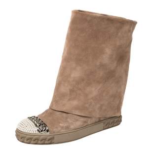 Pre Owned Casadei Beige Suede Pearl And Chain Cap Toe Fold-over Wedge Boots Size 38