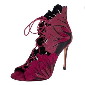 Casadei Laser Burgundy Suede And Leather Peep Toe Lace Up Booties Size 36 