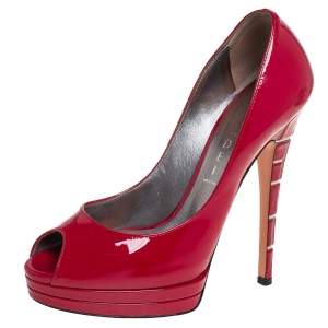 Pre Owned Casadei Red Patent Leather Peep Toe Platform Pumps Size 36.5