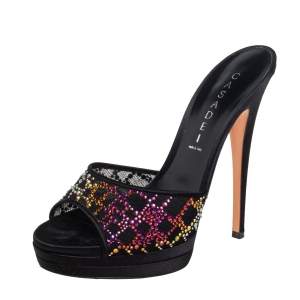 Pre Owned Casadei Black Satin Crystal Embellished Platform Open Toe Slide Sandals Size 38