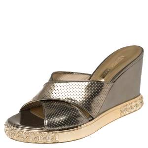 Pre Owned Casadei Metallic Bronze Perforated Leather Wedge Slide Sandals Size 38