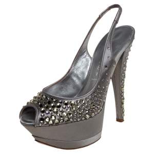 Pre Owned Casadei Grey Satin Crystal Embellished Platform Slingback Sandals Size 35