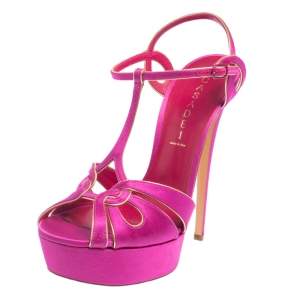Pre Owned Casadei Pink Satin T Strap Open Toe Platform Sandals Size 40