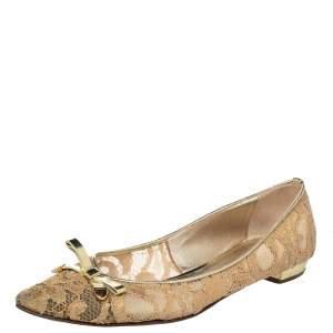 Pre Owned Casadei Gold Floral Lace And Leather Pointed Toe Ballet Flats Size 39.5