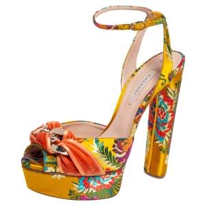 Pre Owned Casadei Multicolor Velvet Platform Ankle Strap Sandals Size 38.5