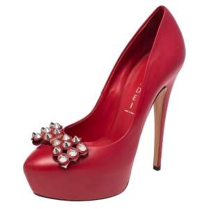 Pre Owned Casadei Red Leather Studded Bow Platform Pumps Size 38