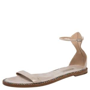 Pre Owned Casadei Metallic Pale Pink Suede Crystal Embellished Ankle Strap Flat Sandals Size 39