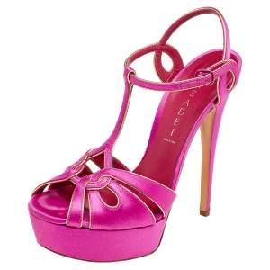 Pre Owned Casadei Pink Satin T Strap Open Toe Platform Sandals Size 38.5