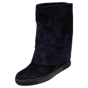 Pre Owned Casadei Navy Blue Suede Renna Gotham Wedge Ankle Boots Size 37