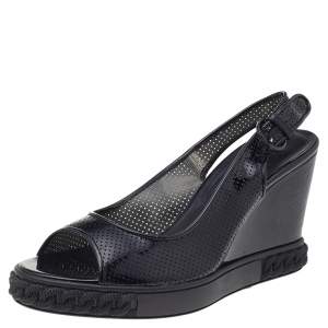 Pre Owned Casadei Black Patent Leather Wedge Ankle Strap Sandals Size 38