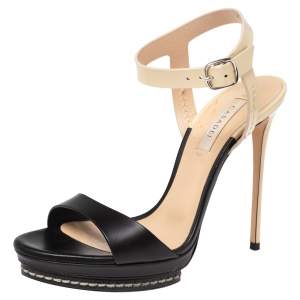 Pre Owned Casadei Black/Cream Patent And  Leather Ankle Strap Platform Sandals Size 37