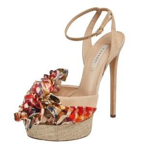 Pre Owned Casadei Beige Suede Chain and Satin Bow Detail Platform Sandals Size 37