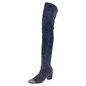 Pre Owned Casadei Navy Blue Suede Embellished Metal Toe Cap Knee-Length Boots Size 38