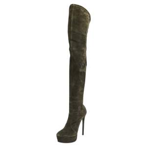 Pre Owned Casadei Dark Green Suede Over The Knee  Boots Size 38.5