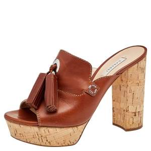 Pre Owned Casadei Brown Leather Tassel Platform Slide Sandals Size 40.5