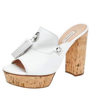 Pre Owned Casadei White Leather Tassel Platform Slide Sandals Size 40.5