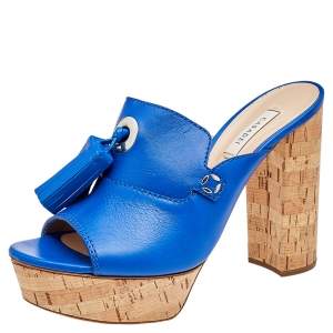 Pre Owned Casadei Blue Leather Tassel Platform Slide Sandals Size 40.5