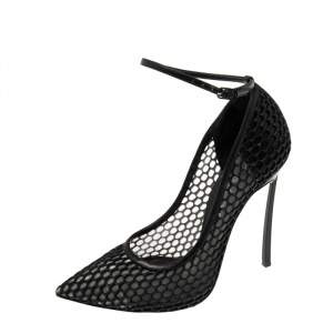Pre Owned Casadei Black Leather and Mesh Laser Cut Ankle-Strap Pumps Size 38