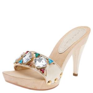 Casadei Cream Leather Crystal Embellished Sandals Size 37.5