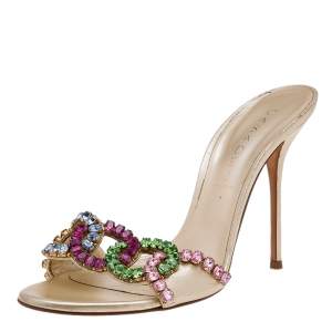 Pre Owned Casadei Gold Leather Crystal Embellished Slide Sandals Size 39
