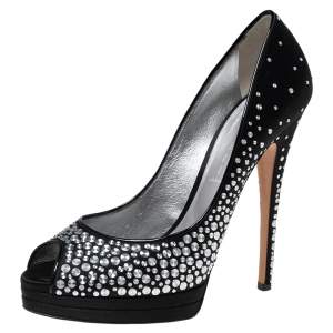 Casadei Black Studded Satin Peep-Toe Platform Pumps Size 40.5