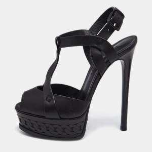 Pre Owned Casadei Black Leather T-Strap Platform Sandals Size 35