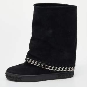Pre Owned Casadei Black Suede Wedge Chain Mid Calf Boots Size 37.5