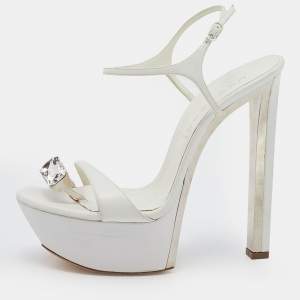 Pre Owned Casadei White Leather Crystal Embellished Ankle Strap Platform Sandals Size 40