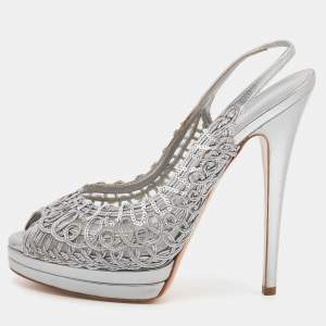 Pre Owned Casadei Metallic Grey Leather Platform Slingback Sandals Size 39