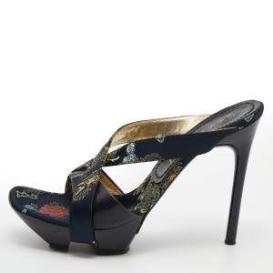 Pre Owned Casadei Multicolor Embroidered Satin And Leather Leather Strappy Platform Open Toe Sandals Size 37.5