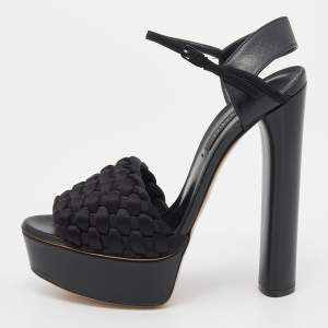 Pre Owned Casadei Black Woven Satin and Leather Platform Ankle Strap Sandals Size 36
