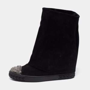 Pre Owned Casadei Black Suede Embellished Metal Cap Toe Fold-Over Wedge Boots Size 40