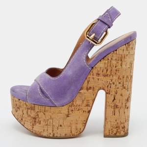 Pre Owned Casadei Purple Suede Cork Wedge Sandals Size 37